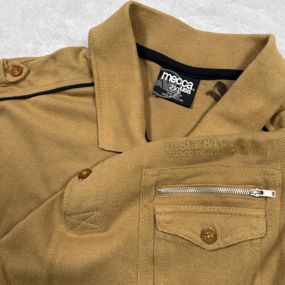 VTG 90s‎ Mecca USA Polo Shirt Mens 2XL (FIT L) Tan Street Epaulettes Pocket RARE